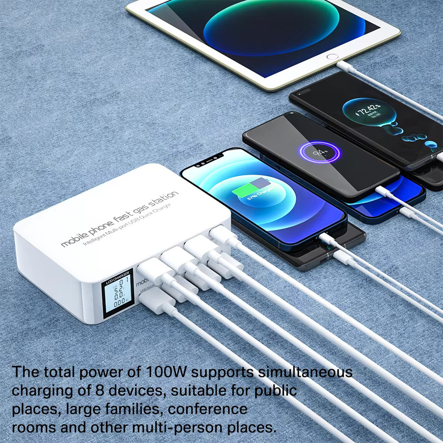 ASOMETECH 8-Port USB-C Schnellladegerät mit LCD-Digitalanzeige, PD3.0 und QC3.0 Ladestation in Weiß für iPhone und Android - Bild 2
