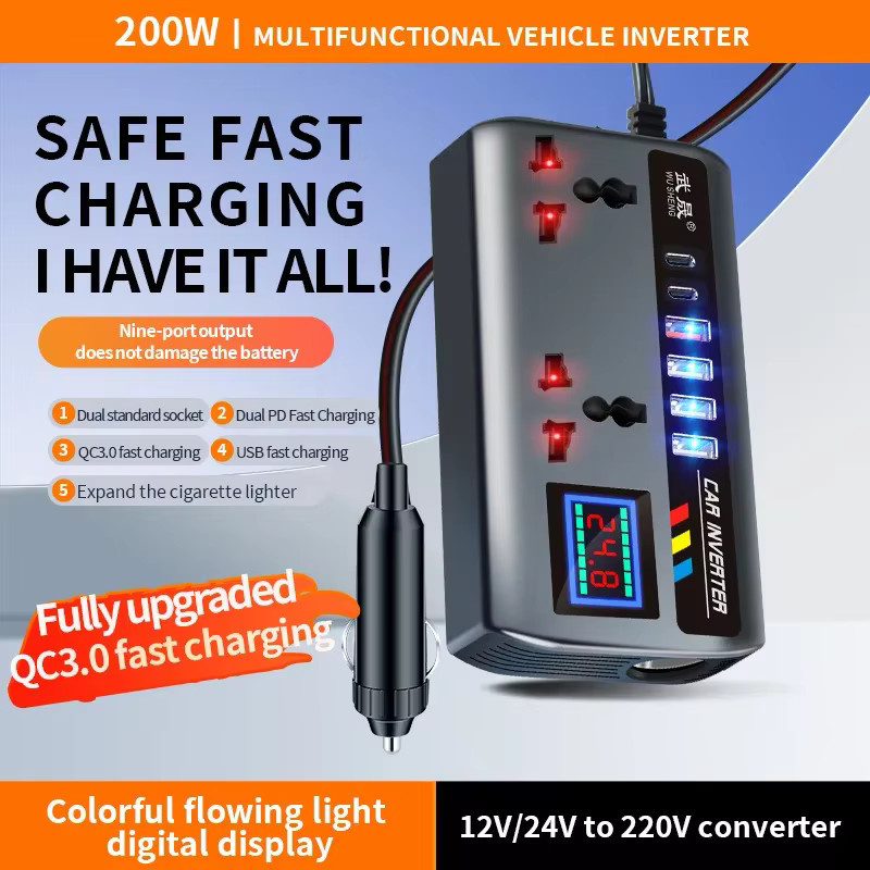 KEBETEME Tragbarer Auto-Wechselrichter 12 V/24 V auf 220 V mit 3 USB-Anschlüssen für Auto, LKW, SUV und Wohnmobil - Bild 2