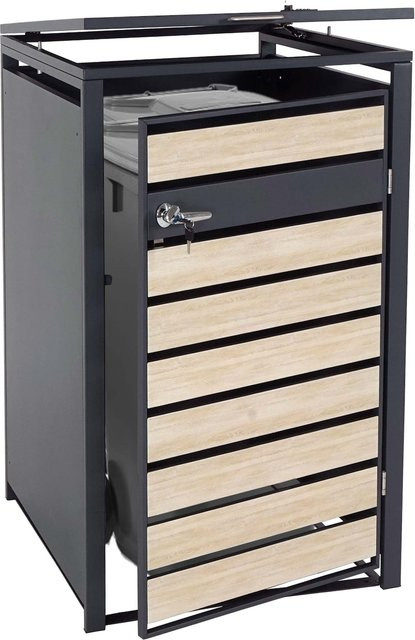 Mülltonnenbox MCW-J81 aus Metall in Anthrazit mit Buche-Holzoptik Hellbraun, B/T/H: 117 x 73 x 98 cm - Bild 1