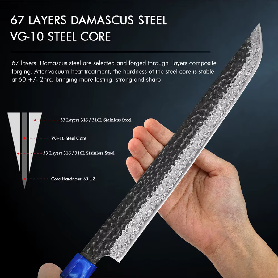 TURWHO Handgeschmiedetes Japanisches Damaszener Stahlmesser mit DIY-Holzgriff in Braun für Fischfilet, Sushi und Sashimi, Länge: 26,67 cm - Bild 2