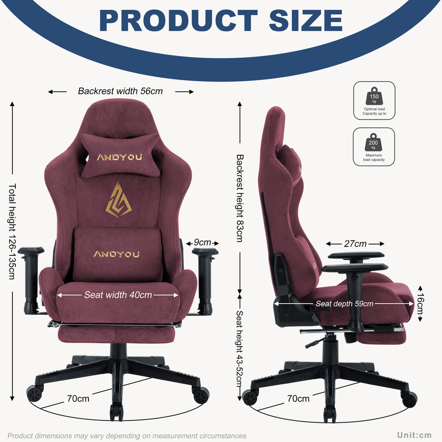 ANDYOU Gaming Chair in Rot mit Fußstütze, atmungsaktiver Stoffbezug, höhenverstellbar und drehbar mit Kopfstütze und Armlehnen - Bild 2