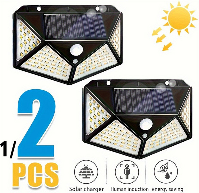 XIWANGFIRE Solarbetriebene LED Wandleuchte mit 100 LEDs und Bewegungssensor, Wasserdichte Außensicherheitslampe in Schwarz für Garten, Zaun und Weg - Bild 1