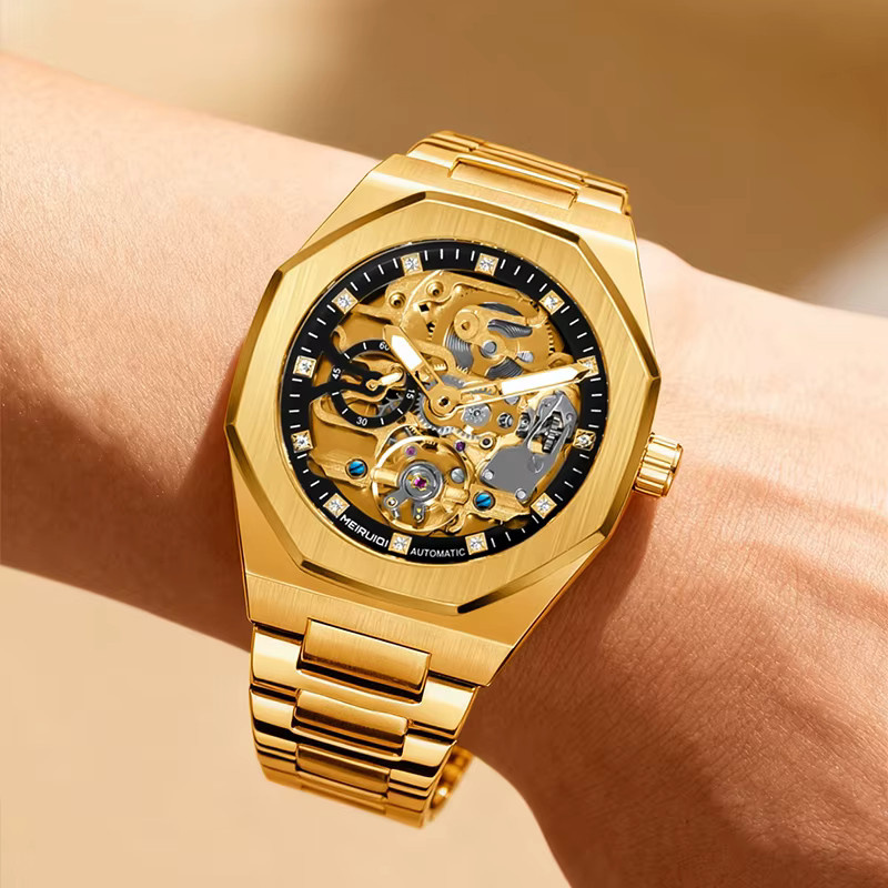 MEIRUIQI Armbanduhr Automatik, Edelstahl, Gold, Schwarz, Herren - Bild 6