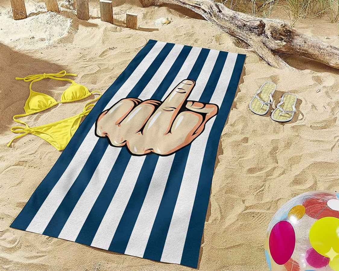 Strandtuch mit Mittelfinger-Motiv aus Mikrofaser, schnell trocknendes Reisehandtuch in blau-weißen Streifen - Bild 3