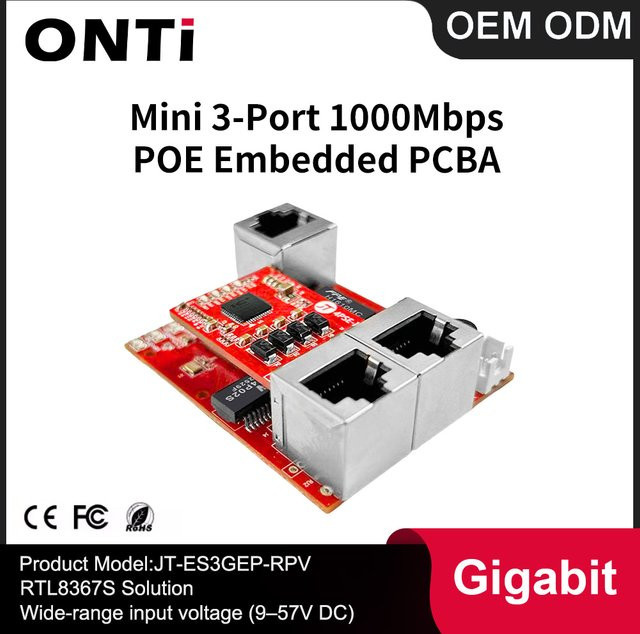 ONTi Mini 3-Port Gigabit PoE Ethernet Switch PCBA für eingebettete Module, 10/100/1000Mbps, 9-57V DC Weitbereichseingang, Rot - Bild 1