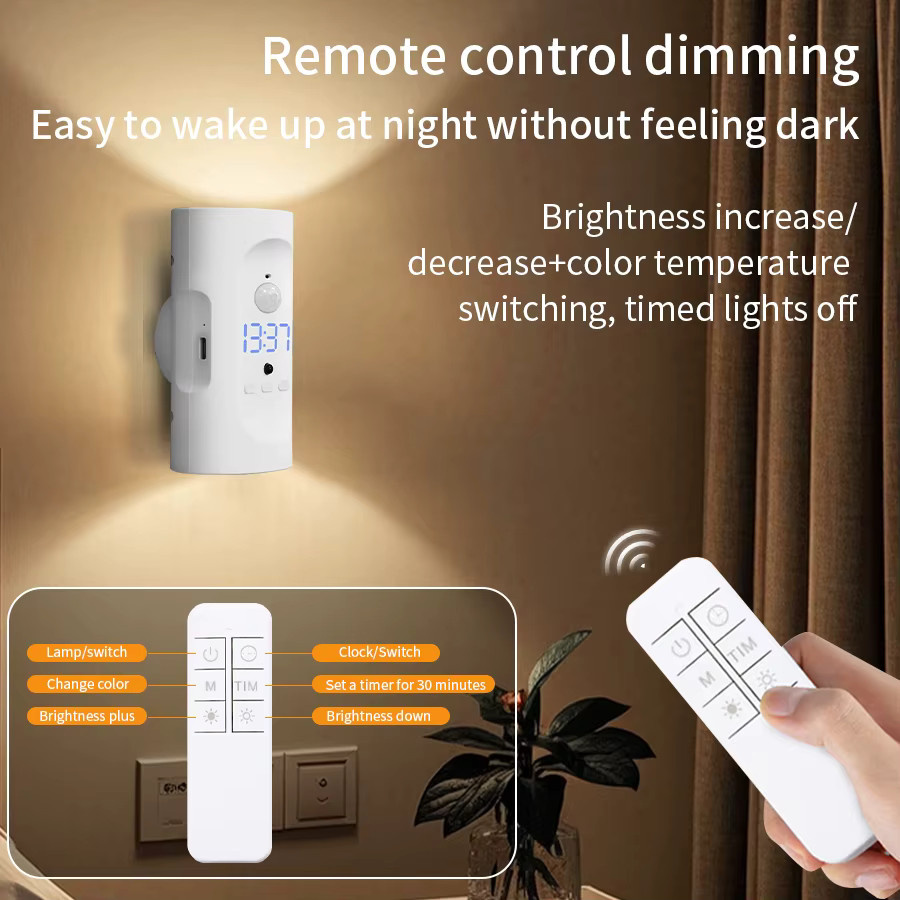 GGBEE Wiederaufladbares LED-Nachtlicht in Weiß mit Bewegungssensor, Digitaluhr, Fernbedienung und Projektor, dimmbare Wandleuchte - Bild 4