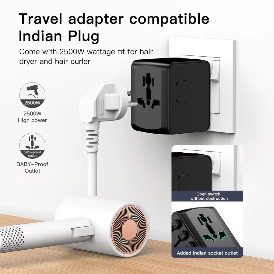 HKLAMIN Internationaler Reiseadapter mit 4 USB-Anschlüssen Typ C und USB-A Schnellladegerät für Europa, USA, UK, AU und CA in Schwarz oder Blau - Bild 3