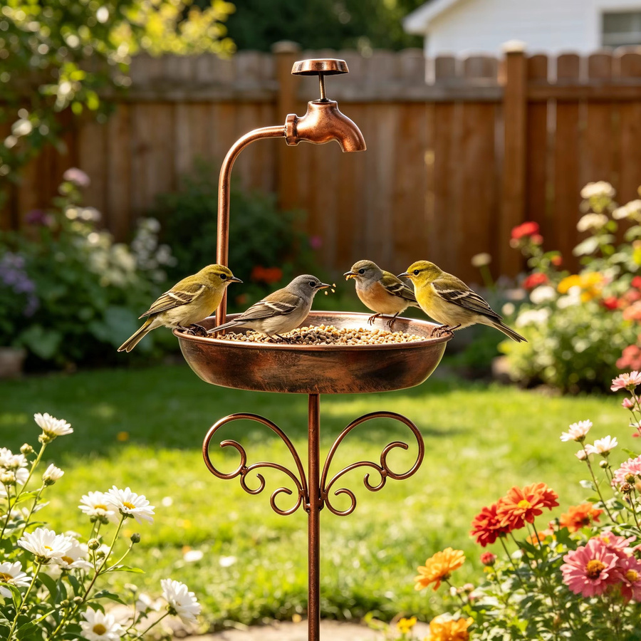 Kupferfarbenes Vogelbad und Futterstation aus Metall in Braun für den Garten mit 5 stabilen Beinen - Bild 3