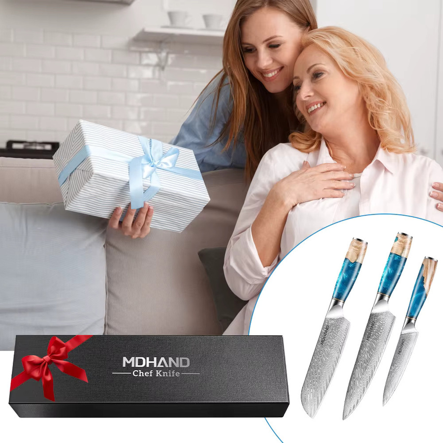 MDHAND 3-teiliges Küchenmesser-Set aus Edelstahl mit Kunstharzgriff in Blau inklusive Santoku-Messer und Obstmesser - Bild 4