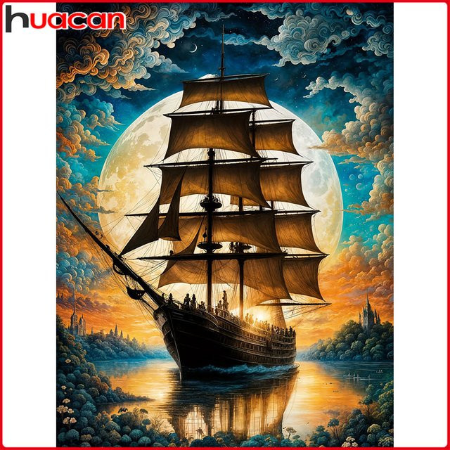 Huacan Rundes Diamantgemälde Landschaft mit Mond und Segelboot als Wanddekoration - Bild 1