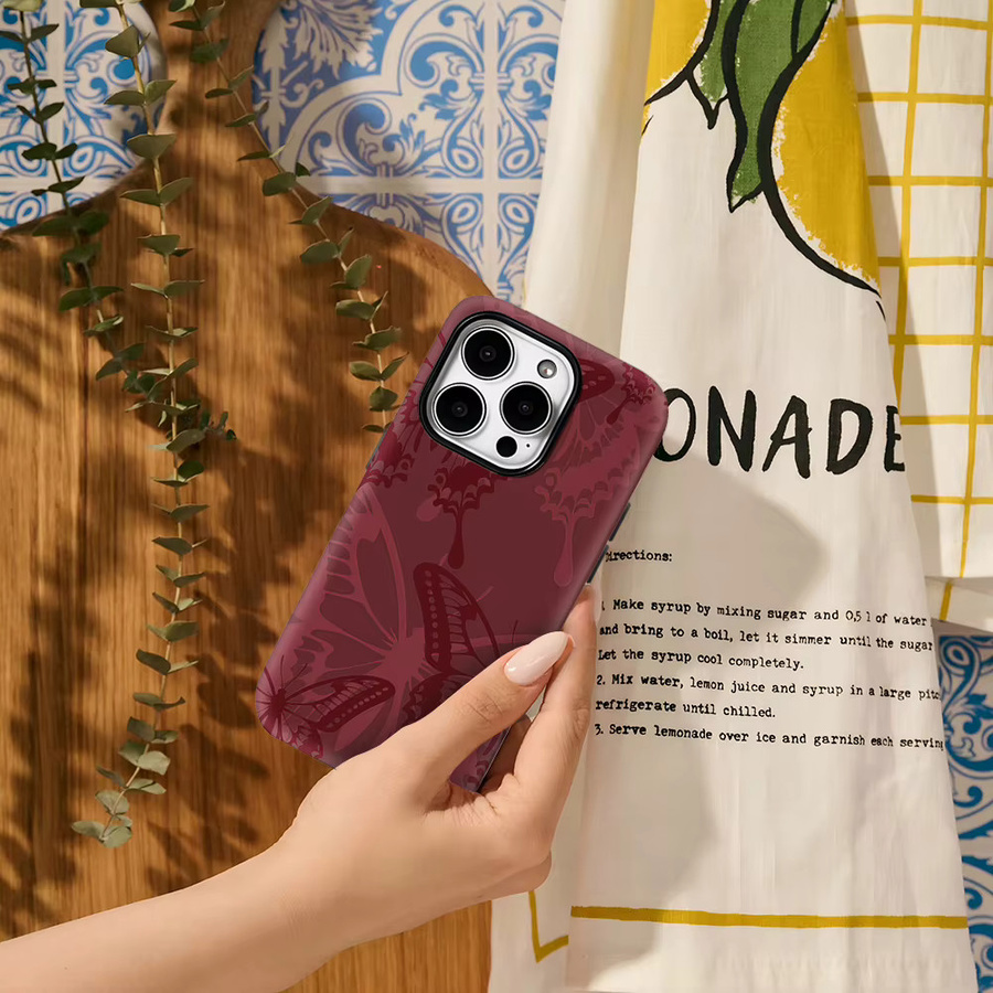 Potdemiel Handyhülle mit Schmetterlings-Design für iPhone, Weinrot, Doppelschichtige Rückseite - Bild 5