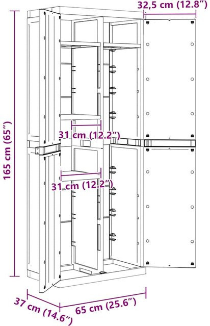 Yiwydaa Garten-Aufbewahrungsschrank Schwarz aus Kunststoff mit Regalböden und Schloss, B/T/H: 65 x 37 x 165 cm - Bild 1