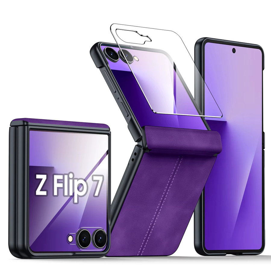 BANGZAO Schutzhülle für Galaxy Z Flip 6, Z Flip 7 und Z Flip 7FE mit integriertem Displayschutz und Scharnierschutz, ultradünne matte PU-Leder Handyhülle, Lila - Bild 7
