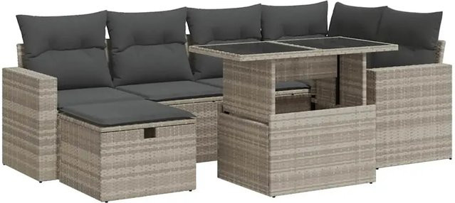 vidaXL 7-teilige Garten-Sofagarnitur in L-Form mit Kissen und Couchtisch, Hellgrau/Schwarz, Poly-Rattan und Metallrahmen - Bild 1