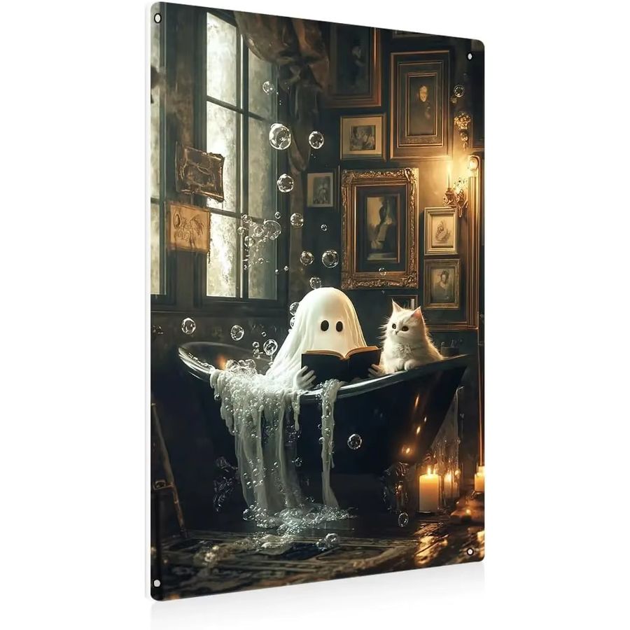 Potdemiel Halloween Wanddeko aus Metall Zinn mit Geist und Katze im Gothic Dark Academia Stil - Bild 2