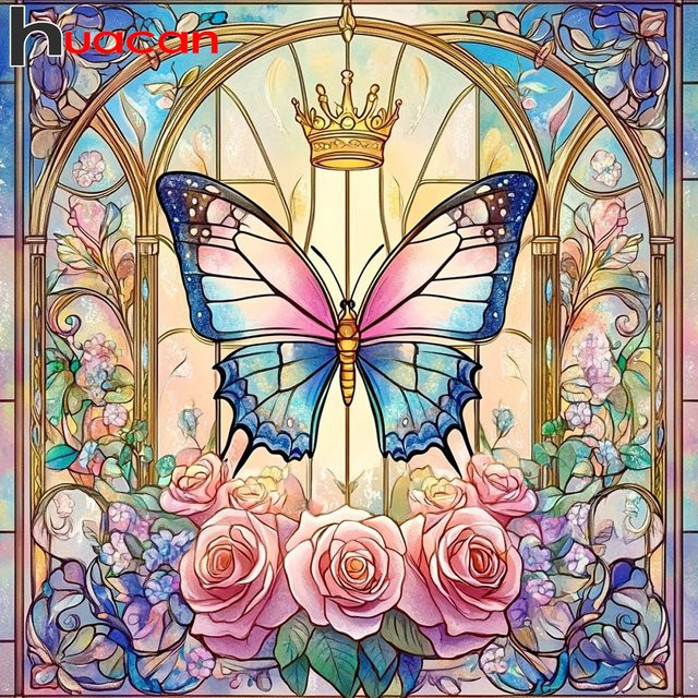 Huacan DIY-Diamantgemälde Schmetterling und Blumen als Wanddekoration in Mehrfarbig, Durchmesser: 20 cm - Bild 1