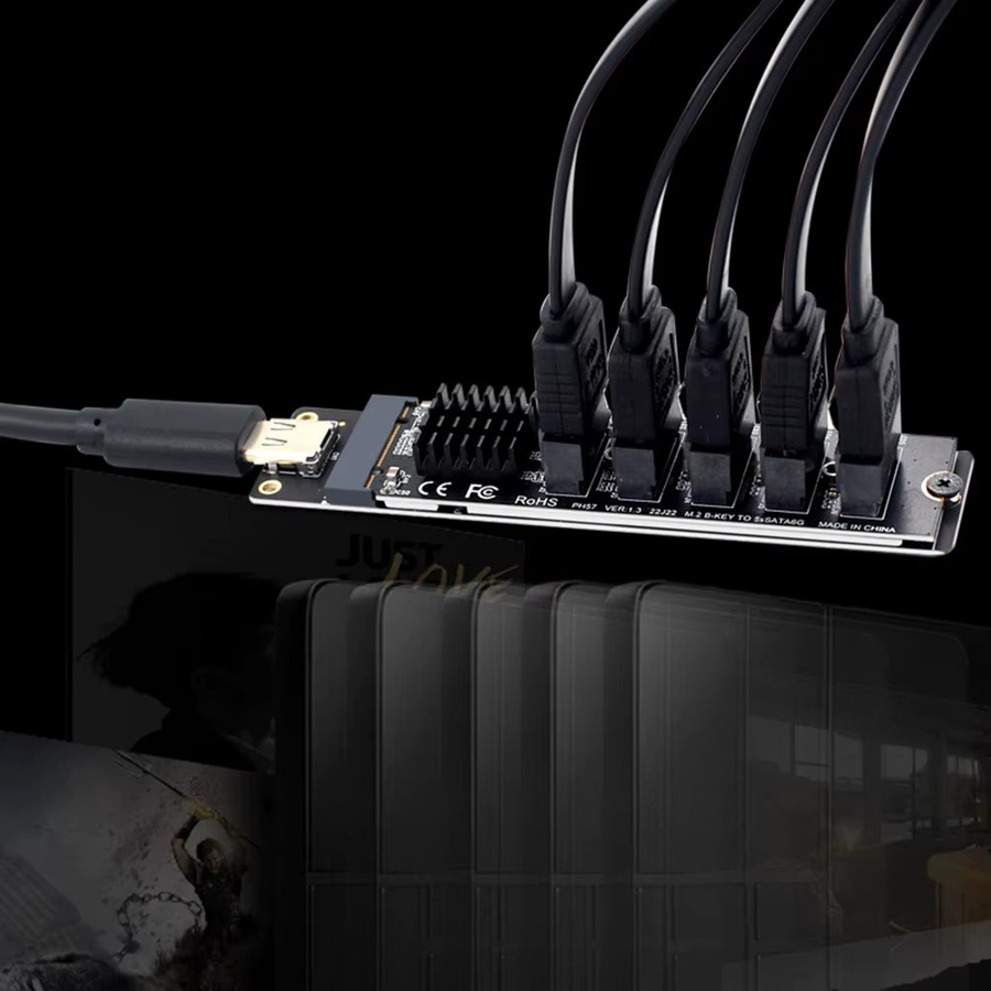VODOOL USB-C zu 5-Port SATA 3.0 Adapterkarte mit JM575+JMS580 Chip, 6Gbps Erweiterungskarte, Schwarz - Bild 2