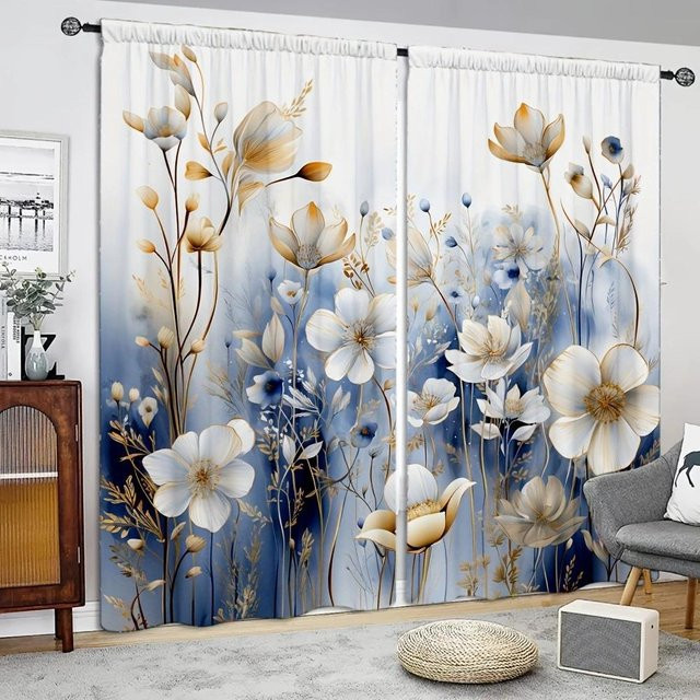 2er-Set Vorhang mit Blumendruck von Household supplies MH in Grau, halbtransparent, B: 52,5 cm, H: 116 cm - Bild 1