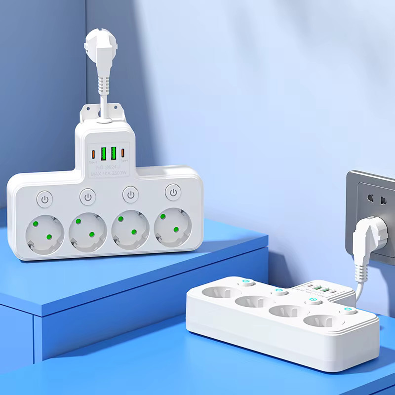 Szaoju 5-fach EU-Steckdosenleiste mit Verlängerungskabel, 2 USB-A und 2 USB-C Anschlüssen, Überspannungsschutz und Einzelschaltern, Weiß - Bild 2