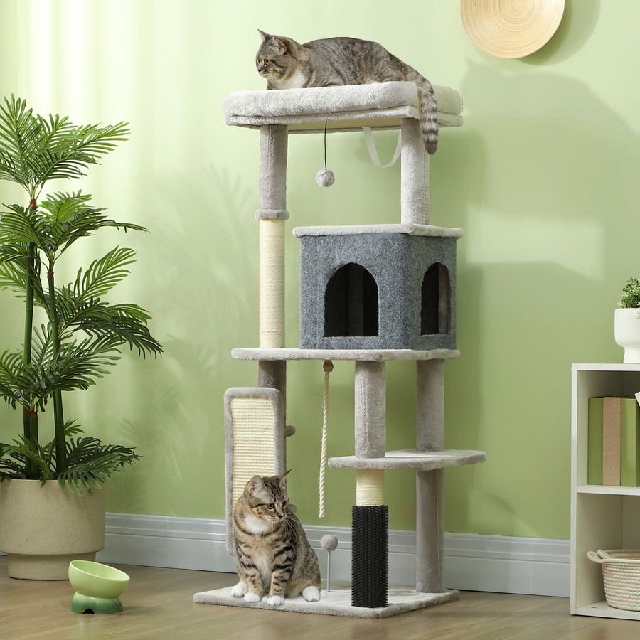 PawHut Kratzbaum Hellgrau mit Katzenhöhle und Spielball, Katzenbaum mit Sisal-Kratzsäulen, B/T/H: 44 x 55 x 132 cm - Bild 2