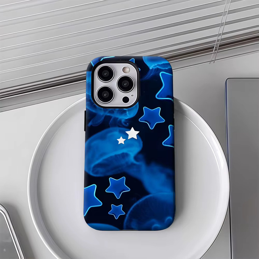 Potdemiel Handyhülle Blue Jellyfish & Stars für iPhone 17 16 15 14 13 12 11 Pro Max Plus mit doppelschichtiger Rückseite in Blau - Bild 3