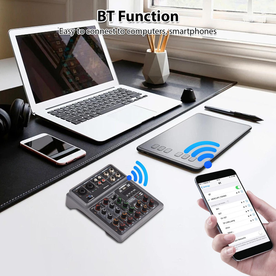 TOMTOP JMS 6-Kanal Audiomixer Mischpult mit 2 drahtlosen Mikrofonen, Bluetooth und OTG, 4 DSP-Szeneneffekte, Schwarz - Bild 3