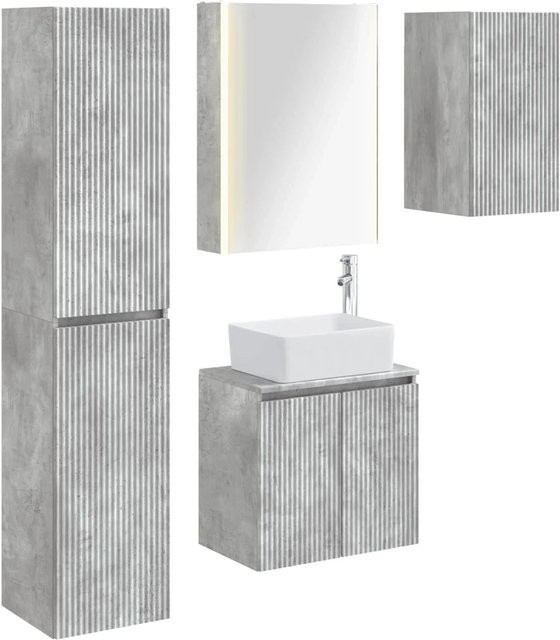 vidaXL Badezimmerschrank-Set 5-teilig in Betongrau mit LED-Beleuchtung und Spiegelschrank, B/T/H: 53 x 15,5 x 70 cm - Bild 1