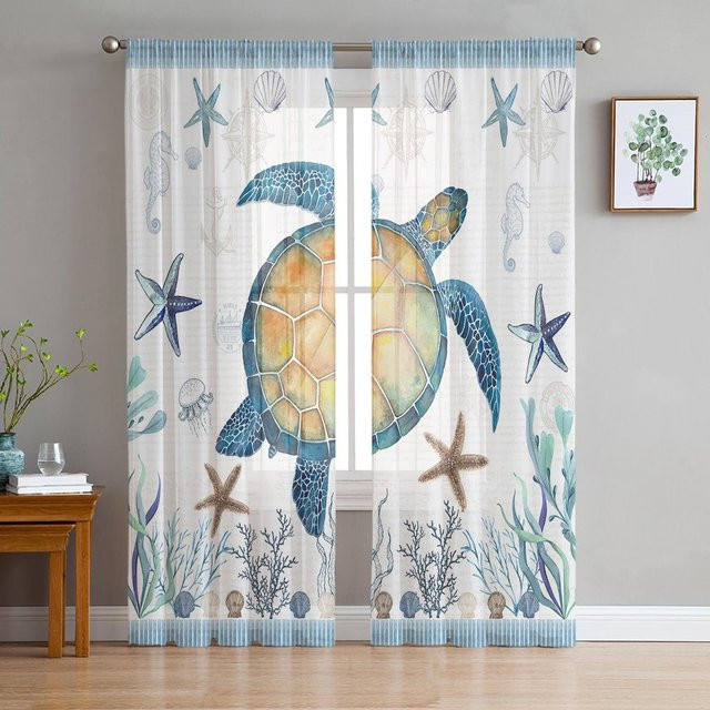 Transparente Tüll-Vorhänge mit Meeresschildkröte, Seestern und Muschel in Transparent und Multicolour, Material Polyester, Breite: 135 cm, Höhe: 215 cm - Bild 1