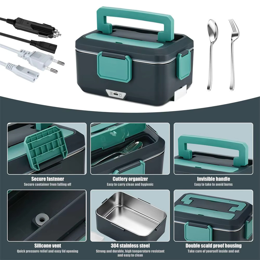 Elektrische Lunchbox OWJHE mit Edelstahl-Inliner, 2,5 l, 90 W, für 12/24/220 V, Farbe: Grün/Silber - Bild 5