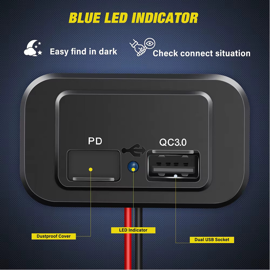 kebidumei Dual USB Auto Ladegerät mit QC 3.0 und PD Schnellladefunktion, Wasserdichtes Power Adapter Panel für 12V/24V, Schwarz - Bild 2