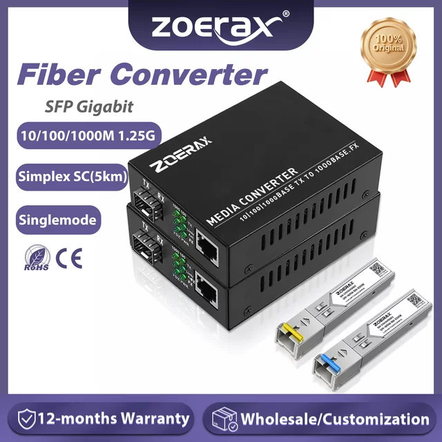 ZoeRax Gigabit SC Single-Mode SFP Transceiver-Modul mit Glasfaser-zu-RJ45-Ethernet-Medienkonverter in Schwarz - Bild 1
