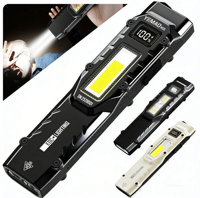 YEMAO Taktische LED-Taschenlampe Schwarz, Wiederaufladbare flache EDC-Taschenlampe mit Digitalanzeige und zwei Schaltern - Bild 1