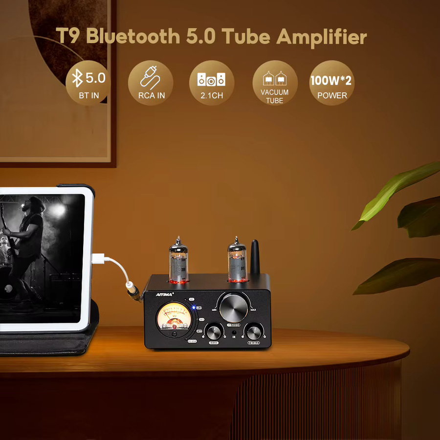 AIYIMA T9 HiFi Bluetooth 5.0 Röhrenverstärker mit USB DAC und VU-Meter in Schwarz - Bild 2