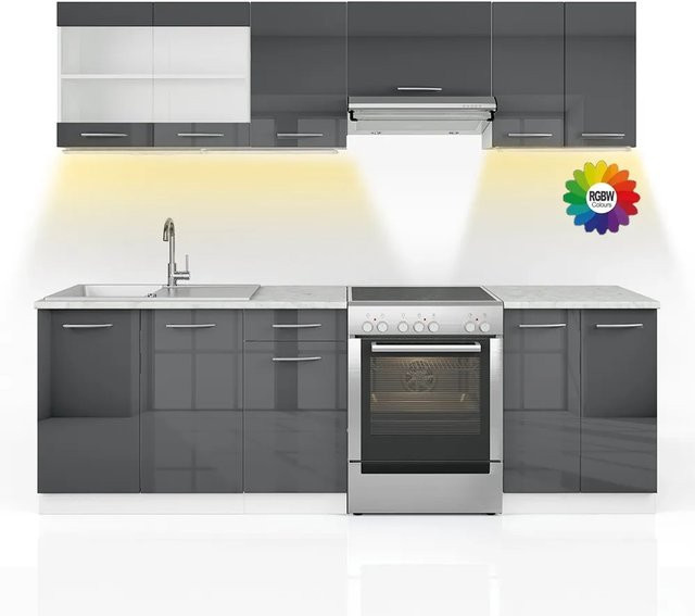 Vicco Raul Küchenzeile in Anthrazit und Weiß mit Marmor-Optik, Breite: 240 cm, inklusive LED-Leisten - Bild 1