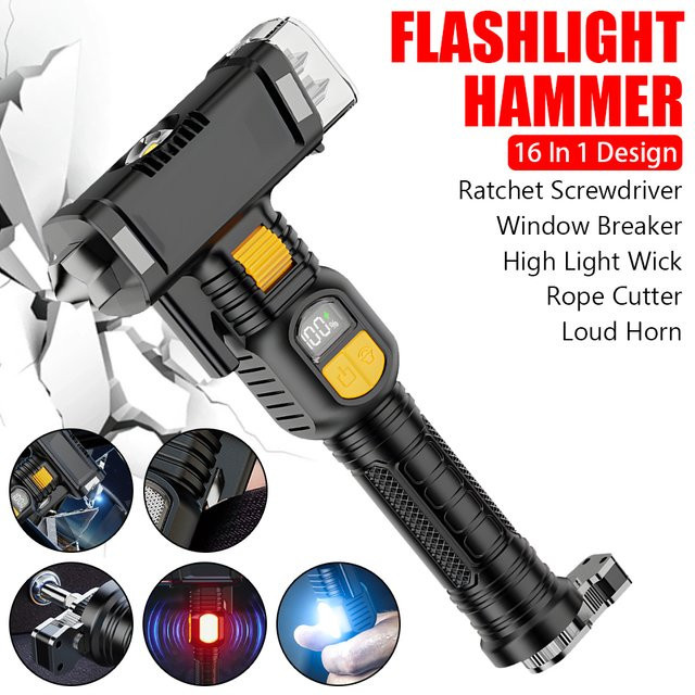 KDULIT LED-Taschenlampe mit Sicherheitshammer, starkem Magnet und Piepalarm, wiederaufladbar via Typ C, Farbe: Schwarz - Bild 1
