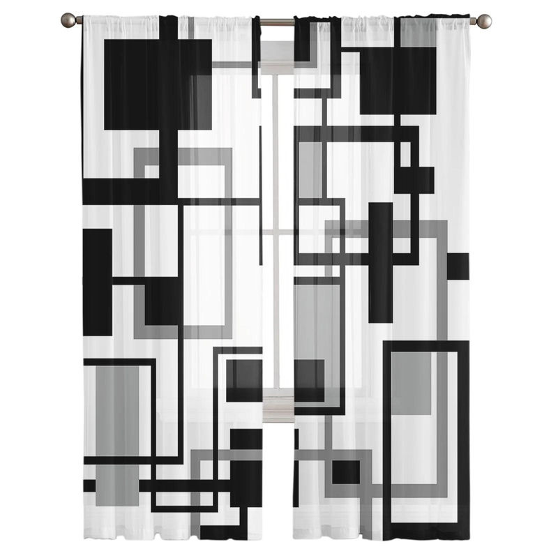 Super Six Voile Gardine aus Chiffon mit geometrischem Design in Schwarz Weiß Grau, Breite: 135 cm, Höhe: 114 cm - Bild 2