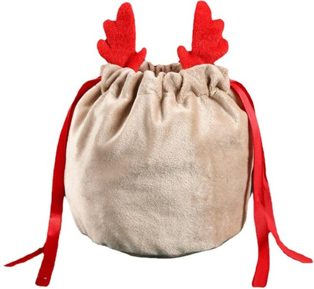CosyHome Weihnachts-Kordelzugbeutel mit Geweih-Motiv in Beige aus Samt - Bild 1