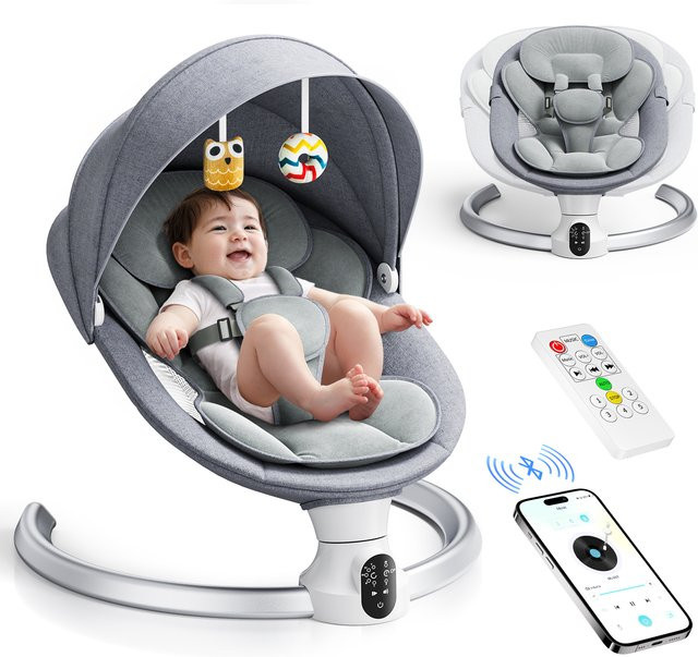 Jugacool Elektrischer Baby-Schaukelstuhl in Grau mit Bluetooth, 5 Geschwindigkeiten, 3 Timer-Funktionen und Musik-App-Fernbedienung - Bild 1