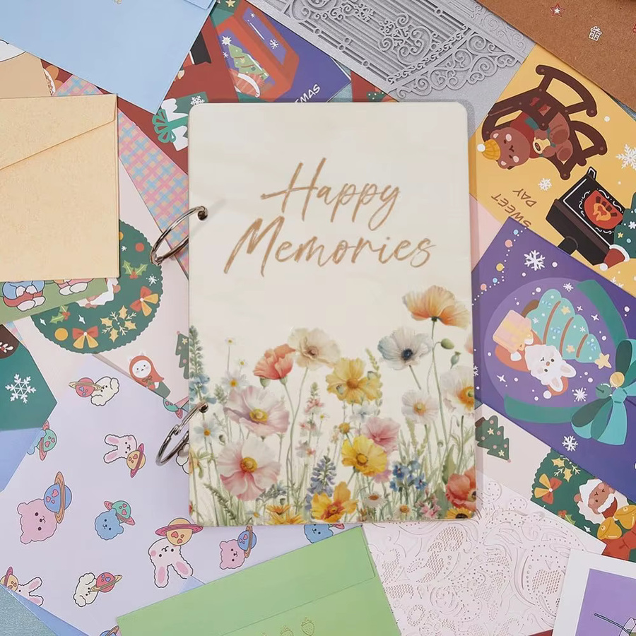 Happy Memories Grußkarten-Organizer aus Holz mit Aquarell-Blumen-Design, Mehrfarbig, 2 Ringe - Bild 2