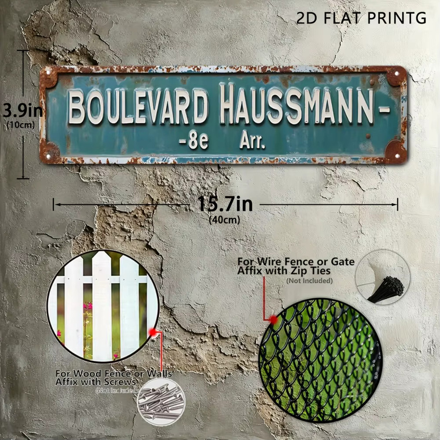 HELLOYOUNG Aluminiumschild Boulevard Haussmann 8e Arr Paris Vintage Dekor in Blaugrün und Weiß, B: 40,0 cm, H: 10,0 cm - Bild 2