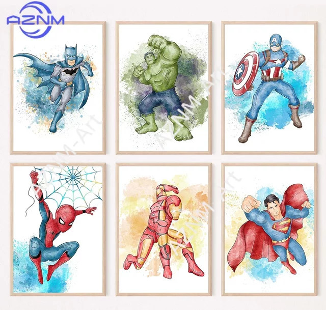 Marvel Superhelden Leinwandgemälde mit Spiderman, Captain America, Hulk und Iron Man als Wandkunst für dein Kinderzimmer, mehrfarbig, von KAYOU - Bild 1