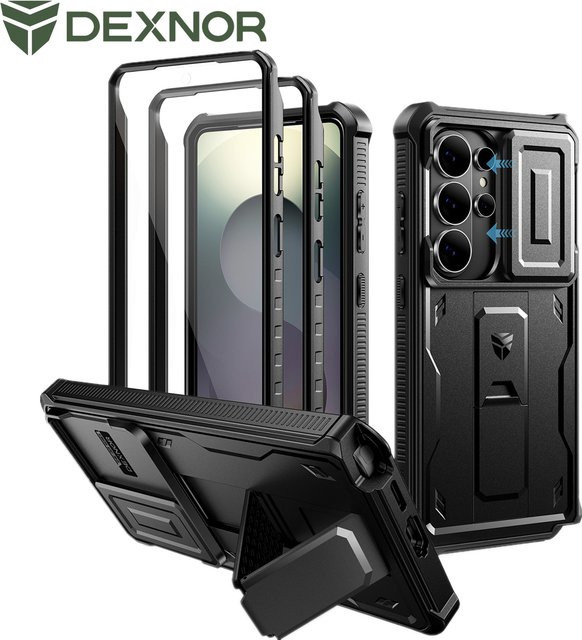 Dexnor Schutzhülle für Samsung Galaxy S26, S26 Plus und S26 Ultra in Schwarz mit stoßfester Kameraabdeckung, integriertem Displayschutz und Ständer - Bild 1