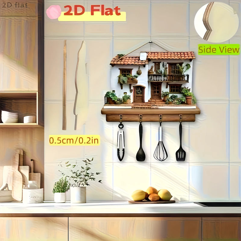 Multifunktionaler Wandkleiderhaken aus Holz mit floralem Design und vier Metallhaken in Mehrfarbig, Wanddekoration im Landhausstil - Bild 5