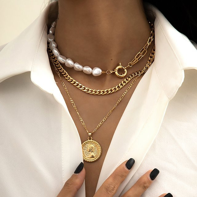 SHIXIN Halsketten-Set, Münz-Anhänger, Perle, Gold, Damen - Bild 1