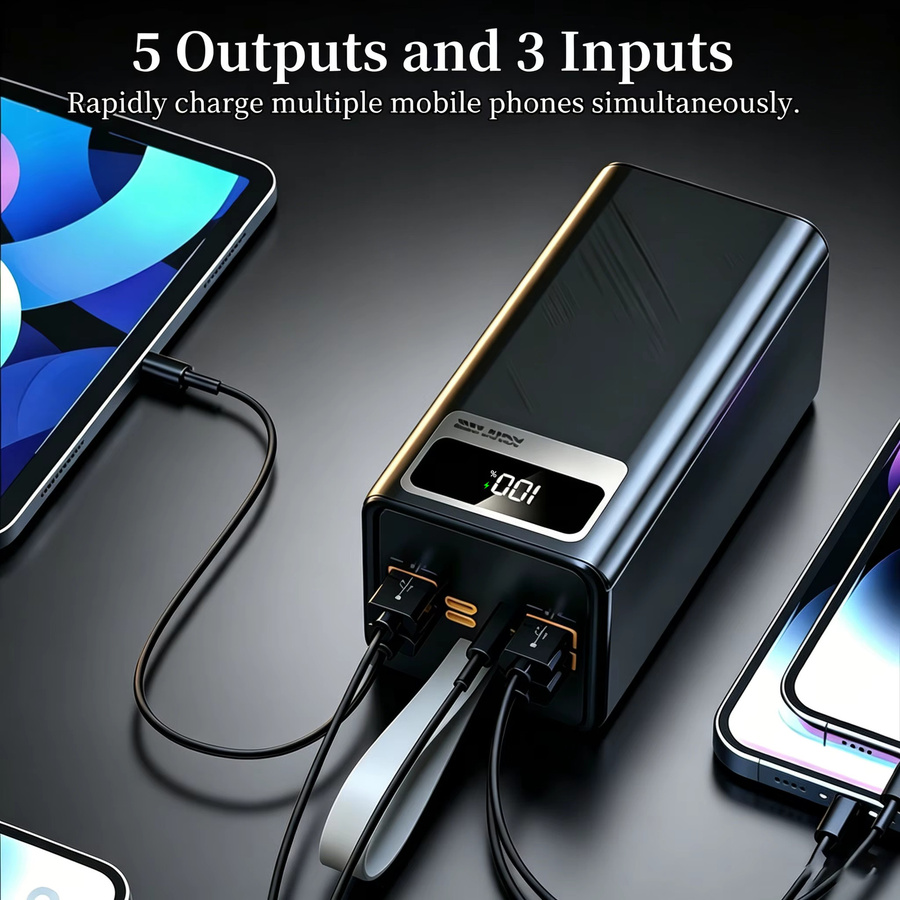 InTessry Powerbank 100000mAh mit 66W Superschnellladen, Tragbares Ladegerät in Schwarz mit LED-Digitalanzeige, Lederband und integrierter Taschenlampe für iPhone und Mehrgeräte-Ladung - Bild 2