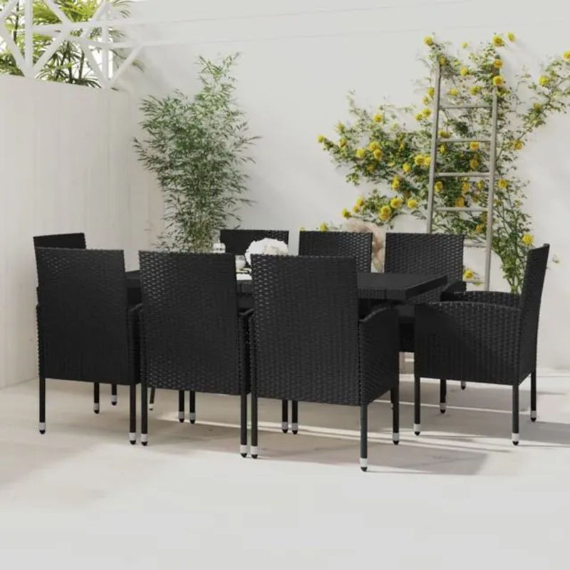 9-teilige moderne Garten-Essgruppe aus Poly-Rattan mit Glasplatte in Schwarz von vidaxl - Bild 1