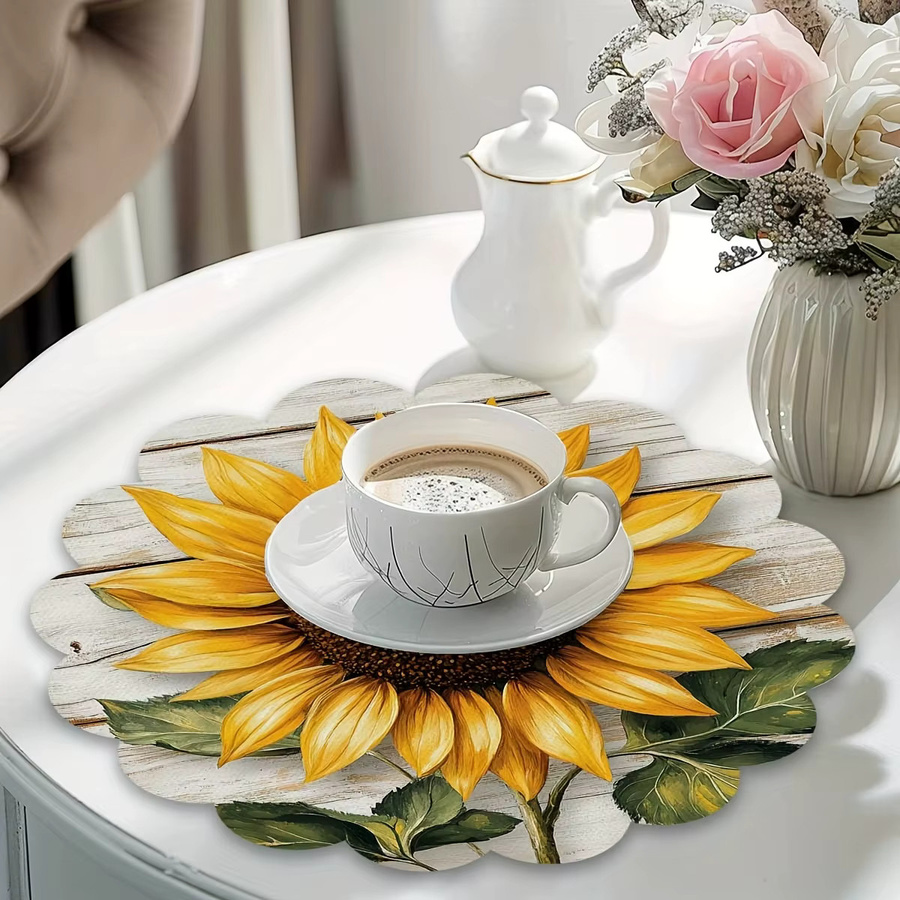 VIKAMA 4er Set runde Tischsets mit Sonnenblumen-Design in Gelb aus Vinyl im Landhausstil - Bild 2