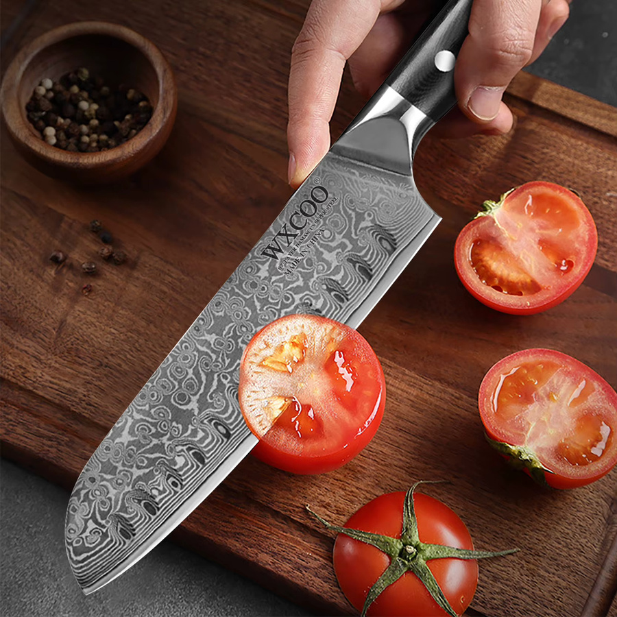 WXCOO Santoku Kochmesser aus Damaststahl mit VG10 Kern und Holzgriff in Silber - Bild 2