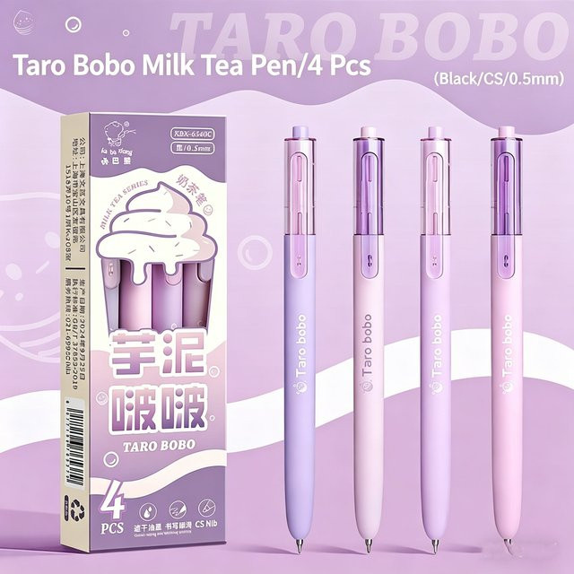 Taro Bobo Gelstifte Set mit 4 Stück, 0,5 mm Schnelltrocknende Tinte in Schwarz, Lila und Rosa, CS-Spitze für Schule und Büro - Bild 1