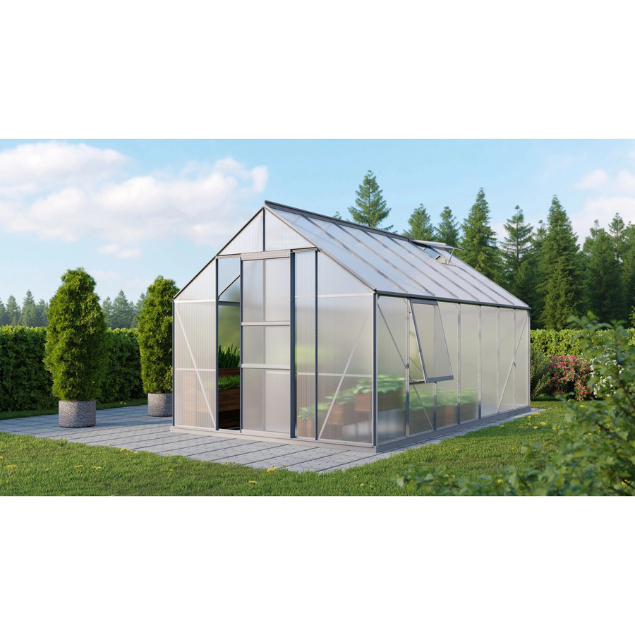 Vitavia Gewächshaus Meridian 1 Alu Vorzugsset in Schwarz mit Polycarbonat-Verglasung, Dachfenster, Seitenfenster und Regenrinnen - Bild 2